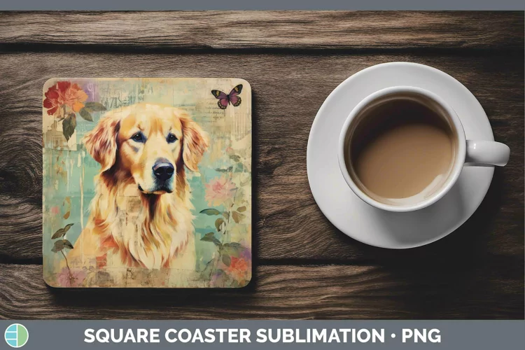 Vintage Decoupage Golden Retriever Square Coaster Sublimatio