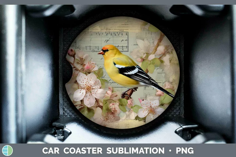 Vintage Decoupage Goldfinch Car Coaster | Sublimation Coaste