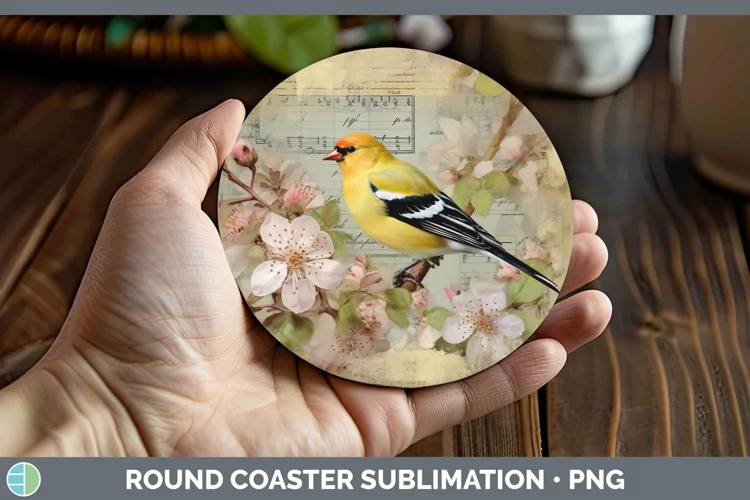 Vintage Decoupage Goldfinch Round Coaster | Sublimation Coas