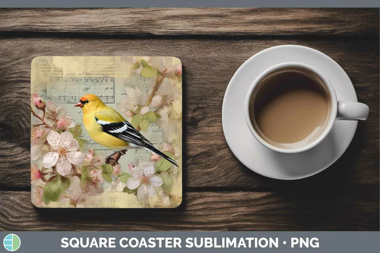 Vintage Decoupage Goldfinch Square Coaster | Sublimation Coa