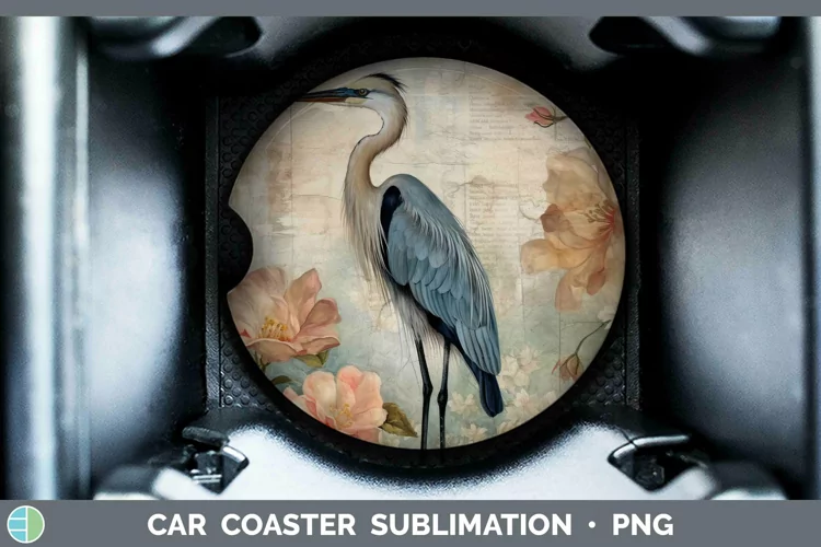 Vintage Decoupage Great Blue Heron Car Coaster | Sublimation