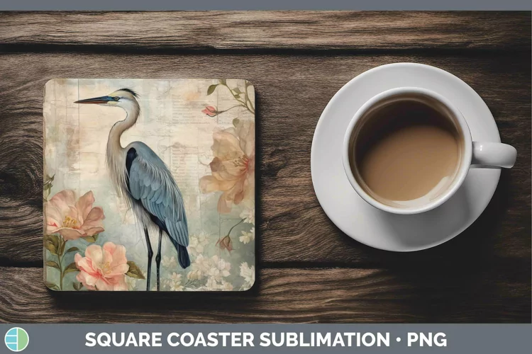 Vintage Decoupage Great Blue Heron Square Coaster | Sublimat