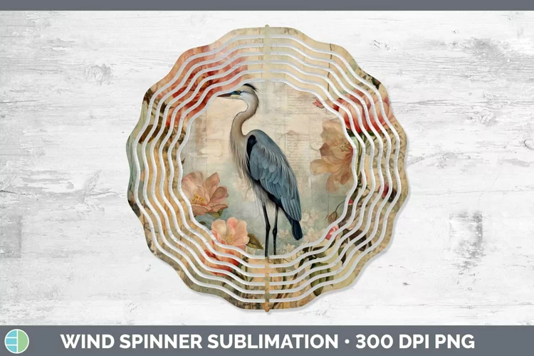 Vintage Decoupage Great Blue Heron Wind Spinner Sublimation