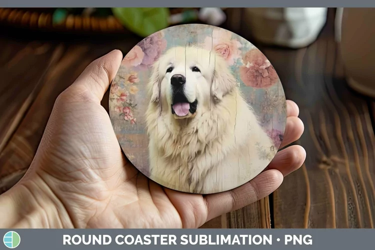 Vintage Decoupage Great Pyrenees Round Coaster Sublimation C