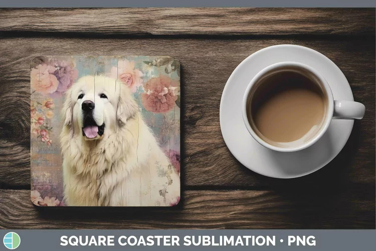 Vintage Decoupage Great Pyrenees Square Coaster Sublimation