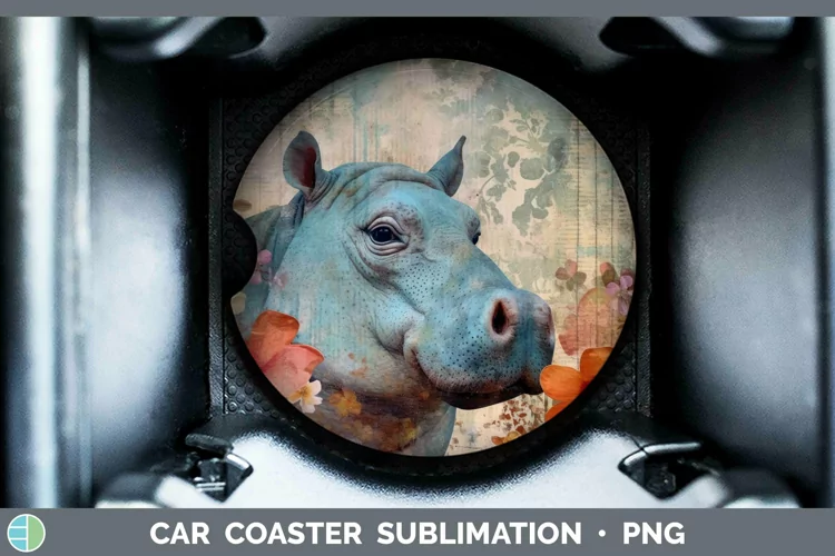 Vintage Decoupage Hippo Car Coaster Sublimation Coaster Desi