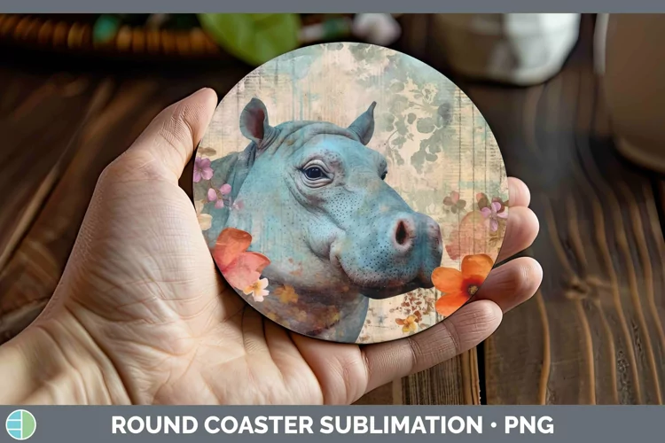 Vintage Decoupage Hippo Round Coaster Sublimation Coaster De