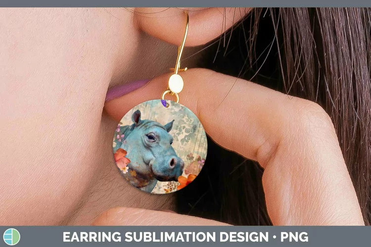 Vintage Decoupage Hippo Round Earrings Sublimation Earrings