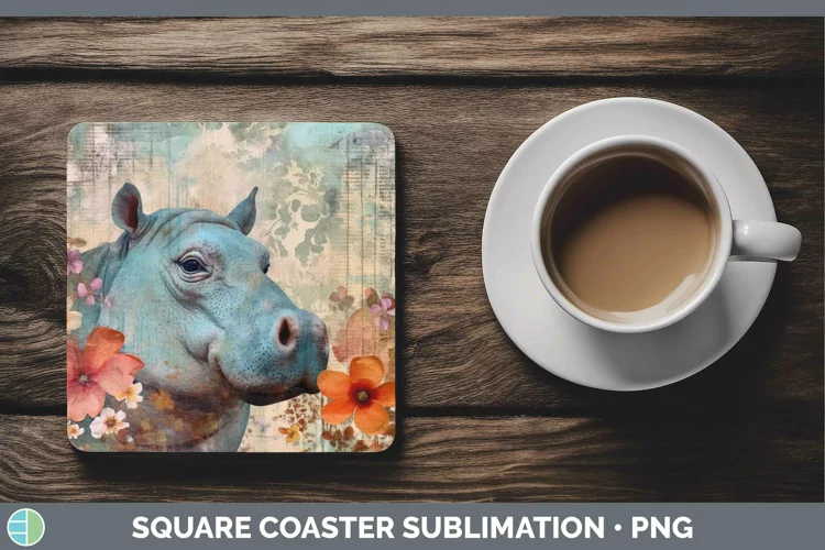 Vintage Decoupage Hippo Square Coaster Sublimation Coaster D
