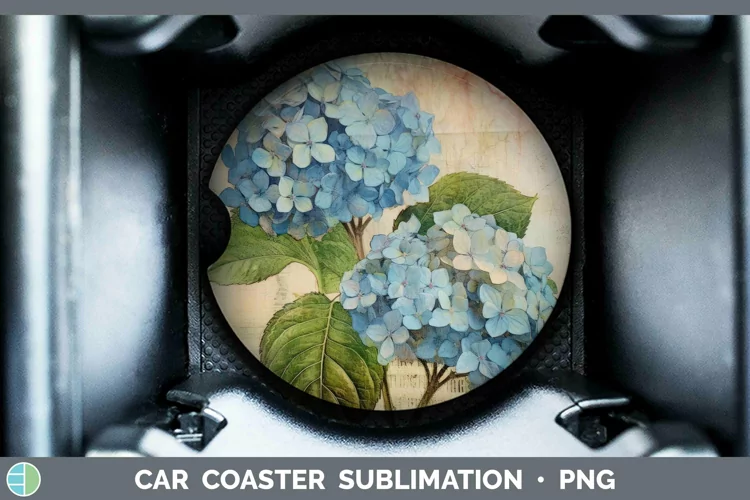 Vintage Decoupage Hydrangea Car Coaster | Sublimation Coaste