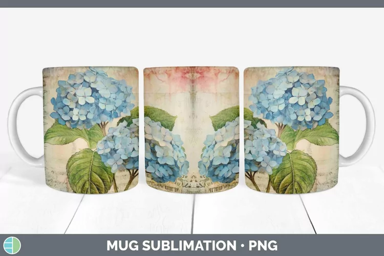 Vintage Decoupage Hydrangea Mug Wrap | Sublimation Coffee Cu