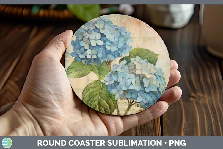 Vintage Decoupage Hydrangea Round Coaster | Sublimation Coas