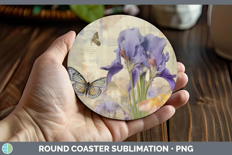 Vintage Decoupage Iris Round Coaster Sublimation Coaster Des