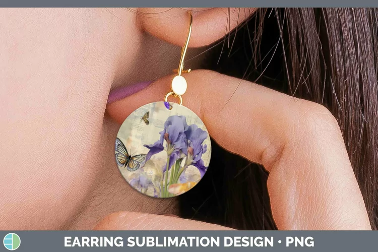 Vintage Decoupage Iris Round Earrings Sublimation Earrings D