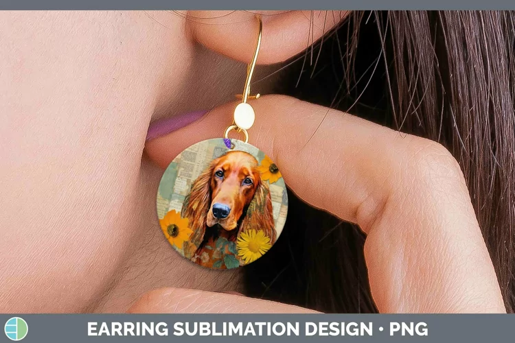 Vintage Decoupage Irish Setter Round Earrings Sublimation Ea