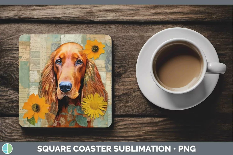 Vintage Decoupage Irish Setter Square Coaster Sublimation Co