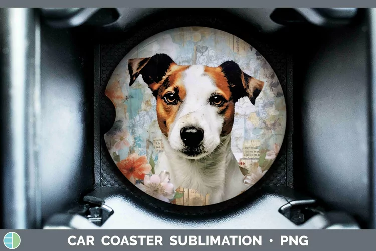 Vintage Decoupage Jack Russell Terrier Car Coaster Sublimati