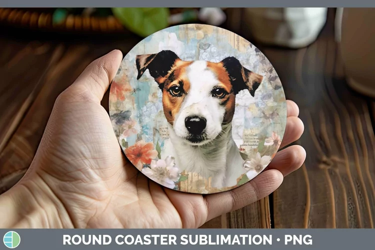 Vintage Decoupage Jack Russell Terrier Round Coaster Sublima