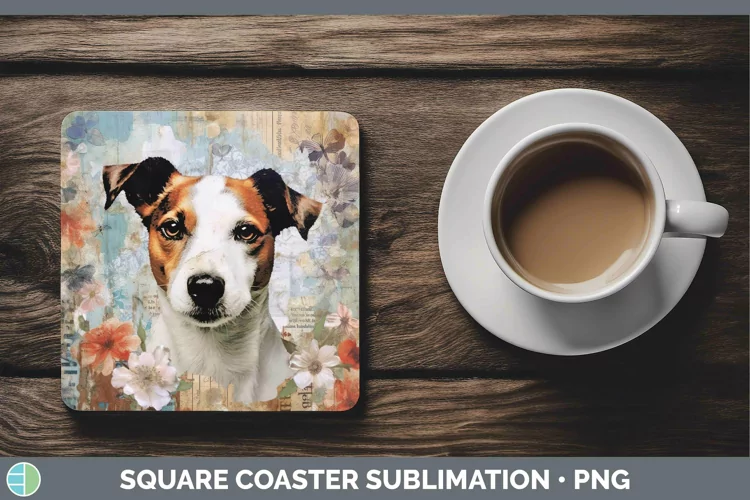 Vintage Decoupage Jack Russell Terrier Square Coaster Sublim