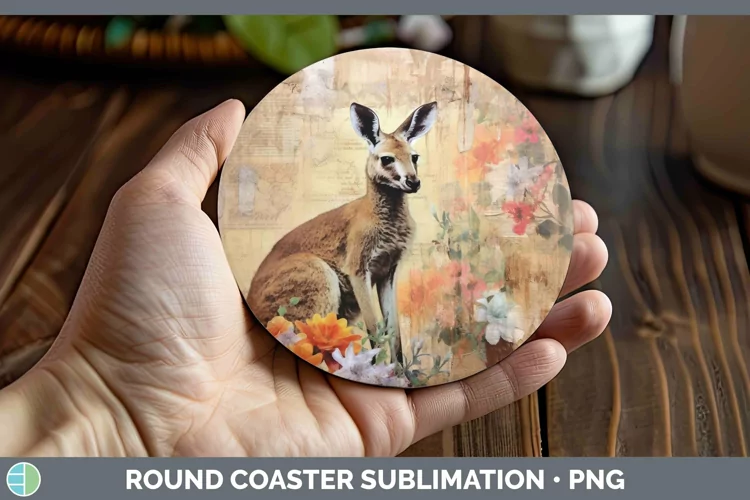 Vintage Decoupage Kangaroo Round Coaster Sublimation Coaster