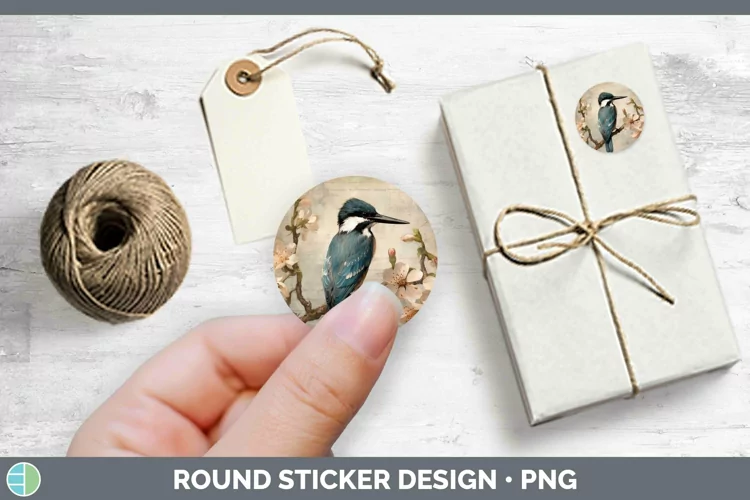 Vintage Decoupage Kingfisher Stickers | Round Labels Designs