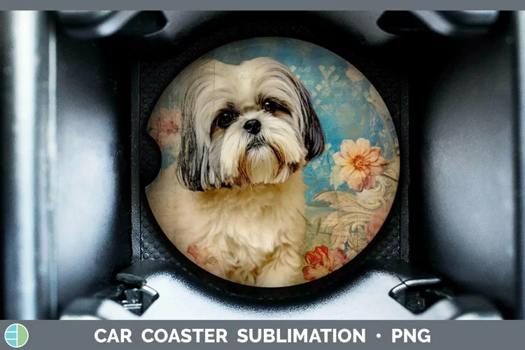Vintage Decoupage Lhasa Apso Car Coaster Sublimation Coaster