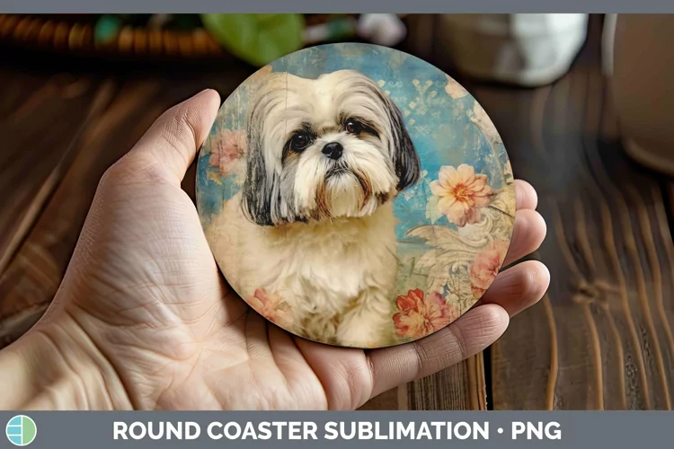 Vintage Decoupage Lhasa Apso Round Coaster Sublimation Coast