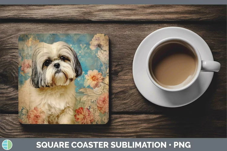 Vintage Decoupage Lhasa Apso Square Coaster Sublimation Coas