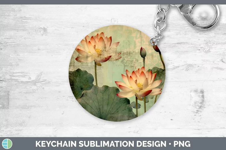 Vintage Decoupage Lotus Keychain | Sublimation Keyring Desig
