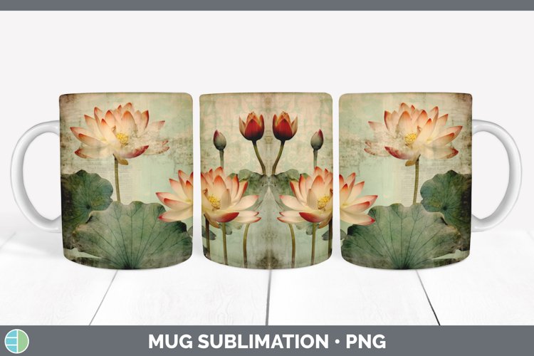 Vintage Decoupage Lotus Mug Wrap | Sublimation Coffee Cup De