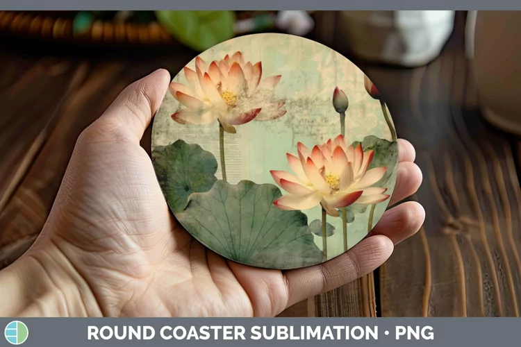 Vintage Decoupage Lotus Round Coaster | Sublimation Coaster