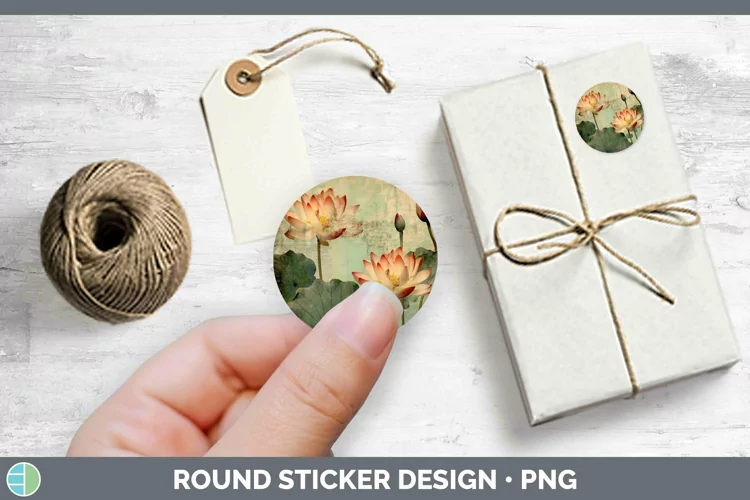 Vintage Decoupage Lotus Stickers | Round Labels Designs