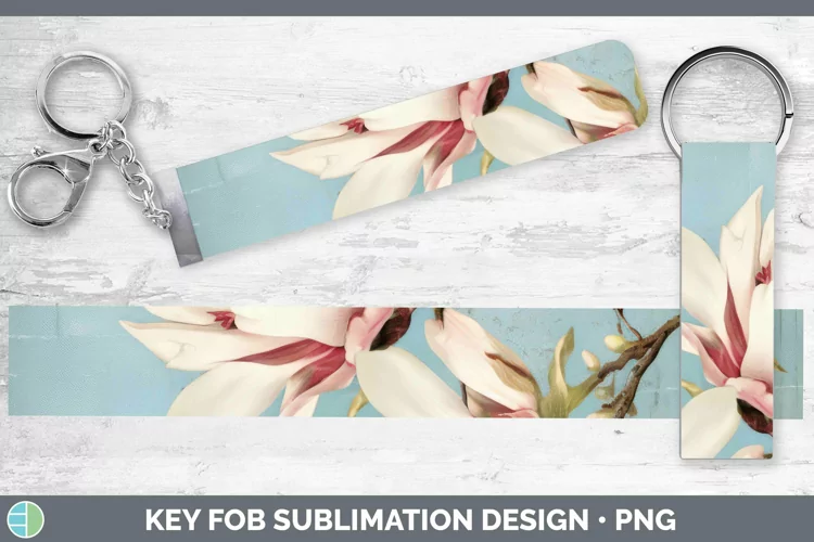 Vintage Decoupage Magnolia Key Fob Sublimation Wristlet Desi