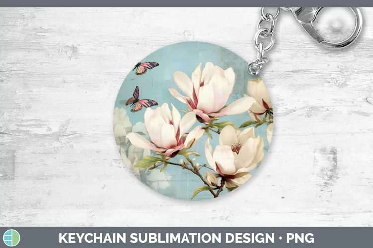 Vintage Decoupage Magnolia Keychain Sublimation Keyring Desi
