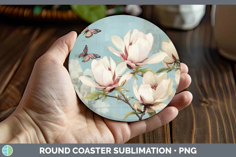Vintage Decoupage Magnolia Round Coaster Sublimation Coaster
