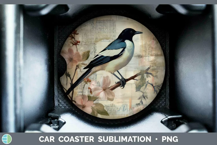 Vintage Decoupage Magpie Car Coaster Sublimation Coaster Des