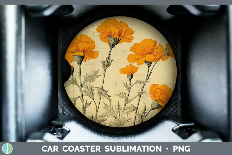 Vintage Decoupage Marigold Car Coaster | Sublimation Coaster