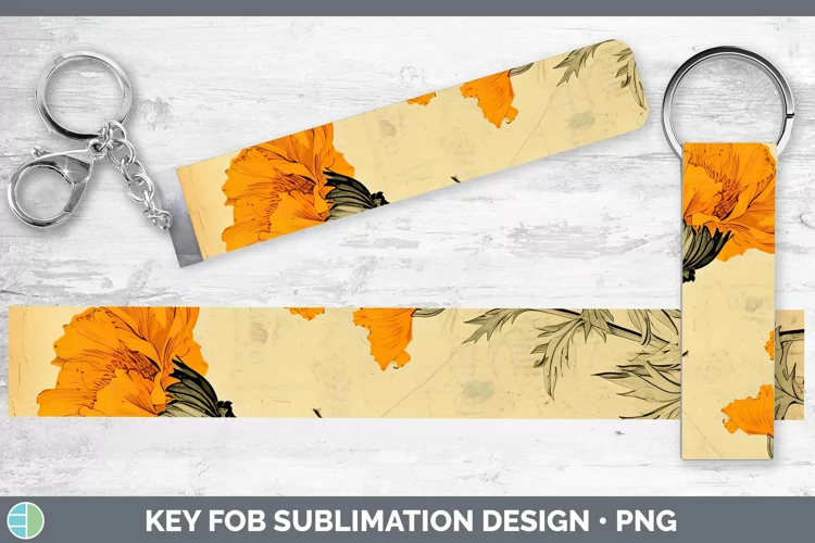 Vintage Decoupage Marigold Key Fob | Sublimation Wristlet De