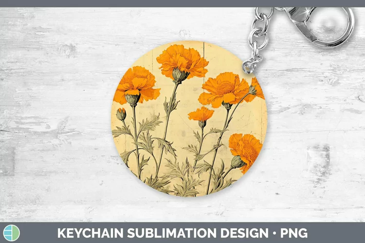 Vintage Decoupage Marigold Keychain | Sublimation Keyring De