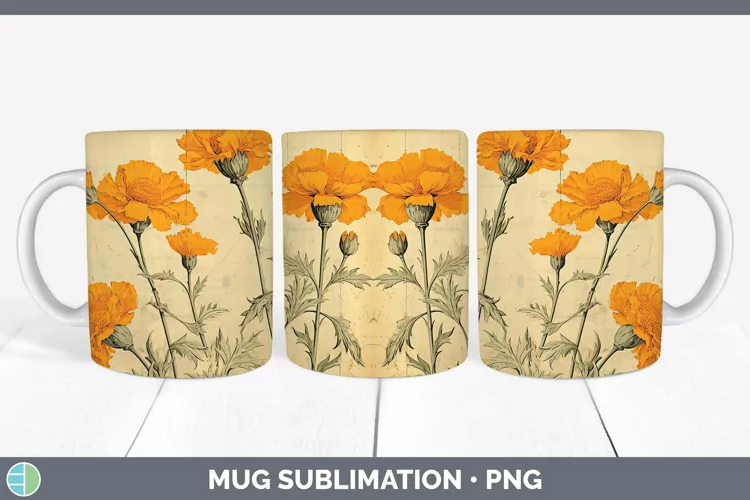 Vintage Decoupage Marigold Mug Wrap | Sublimation Coffee Cup