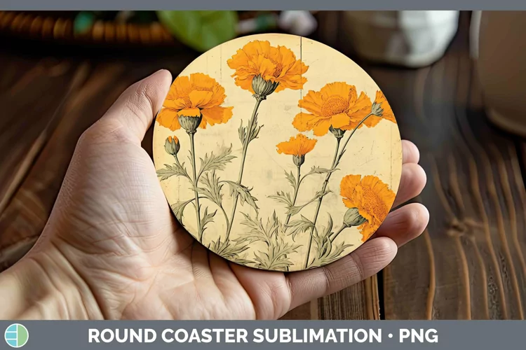 Vintage Decoupage Marigold Round Coaster | Sublimation Coast