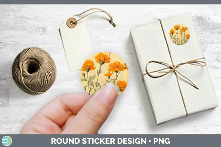 Vintage Decoupage Marigold Stickers | Round Labels Designs