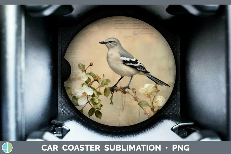 Vintage Decoupage Mockingbird Car Coaster | Sublimation Coas