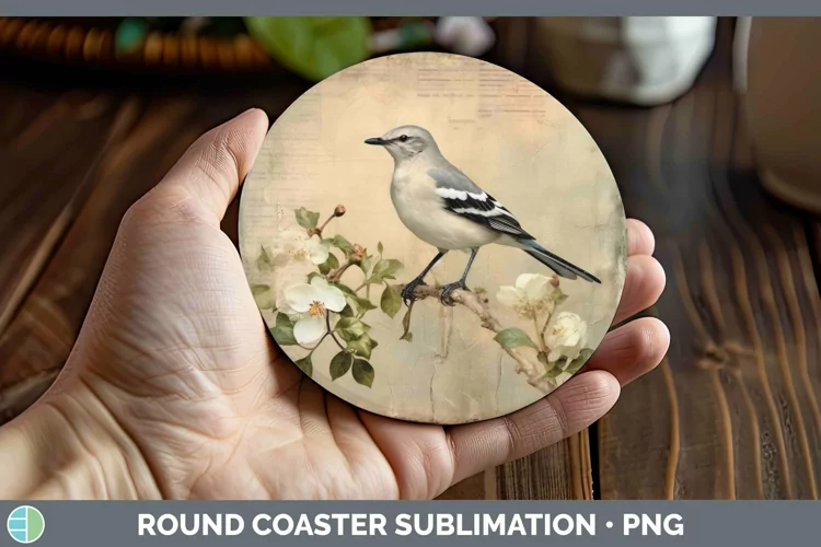 Vintage Decoupage Mockingbird Round Coaster | Sublimation Co