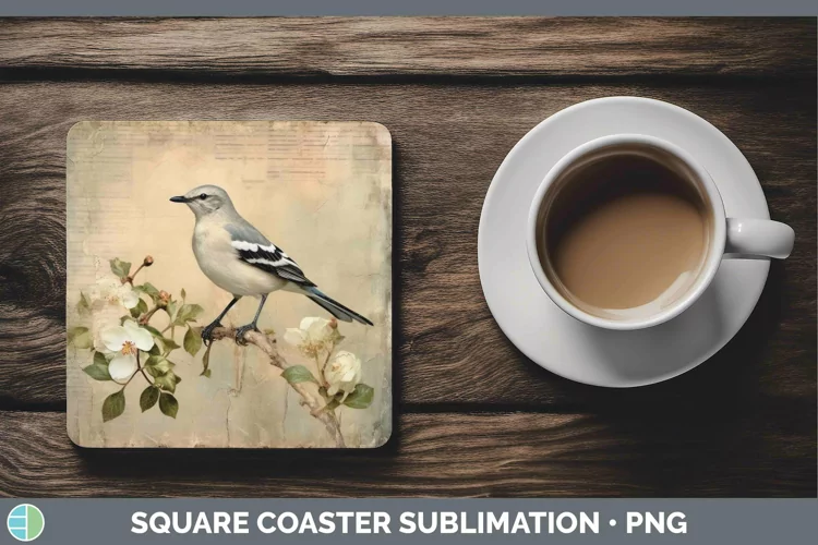Vintage Decoupage Mockingbird Square Coaster | Sublimation C