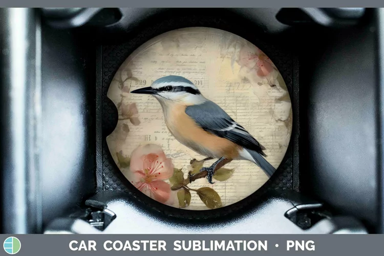 Vintage Decoupage Nuthatch Car Coaster | Sublimation Coaster