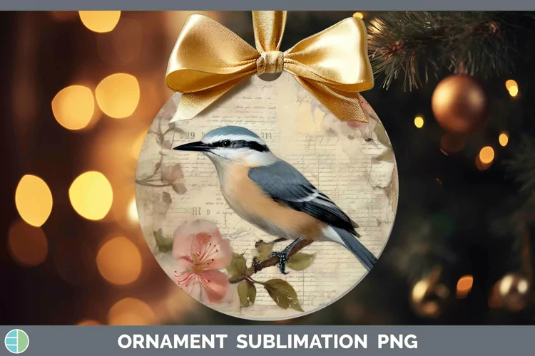 Vintage Decoupage Nuthatch Ornament | Sublimation Bauble Des