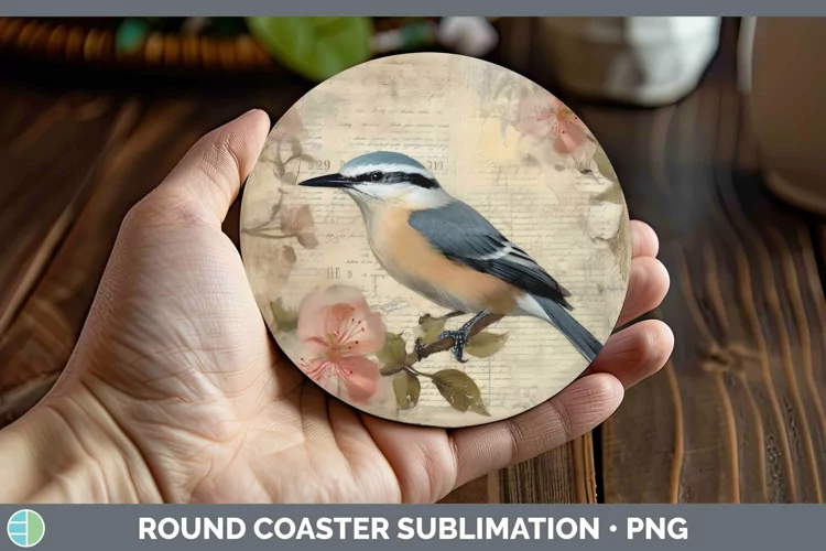 Vintage Decoupage Nuthatch Round Coaster | Sublimation Coast