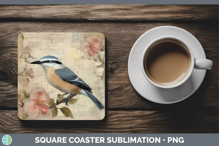 Vintage Decoupage Nuthatch Square Coaster Sublimation Coaste