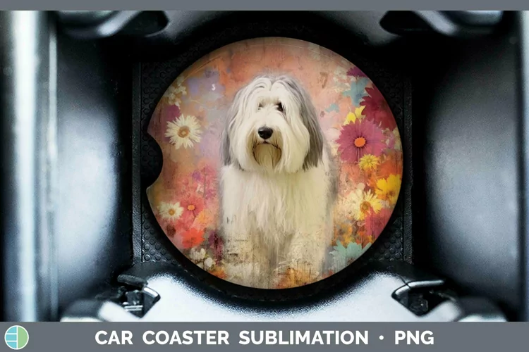 Vintage Decoupage Old English Sheepdog Car Coaster Sublimati